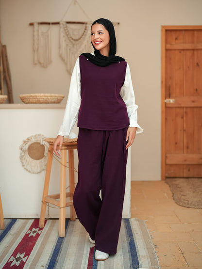 Burgundy sleeveless linen set
