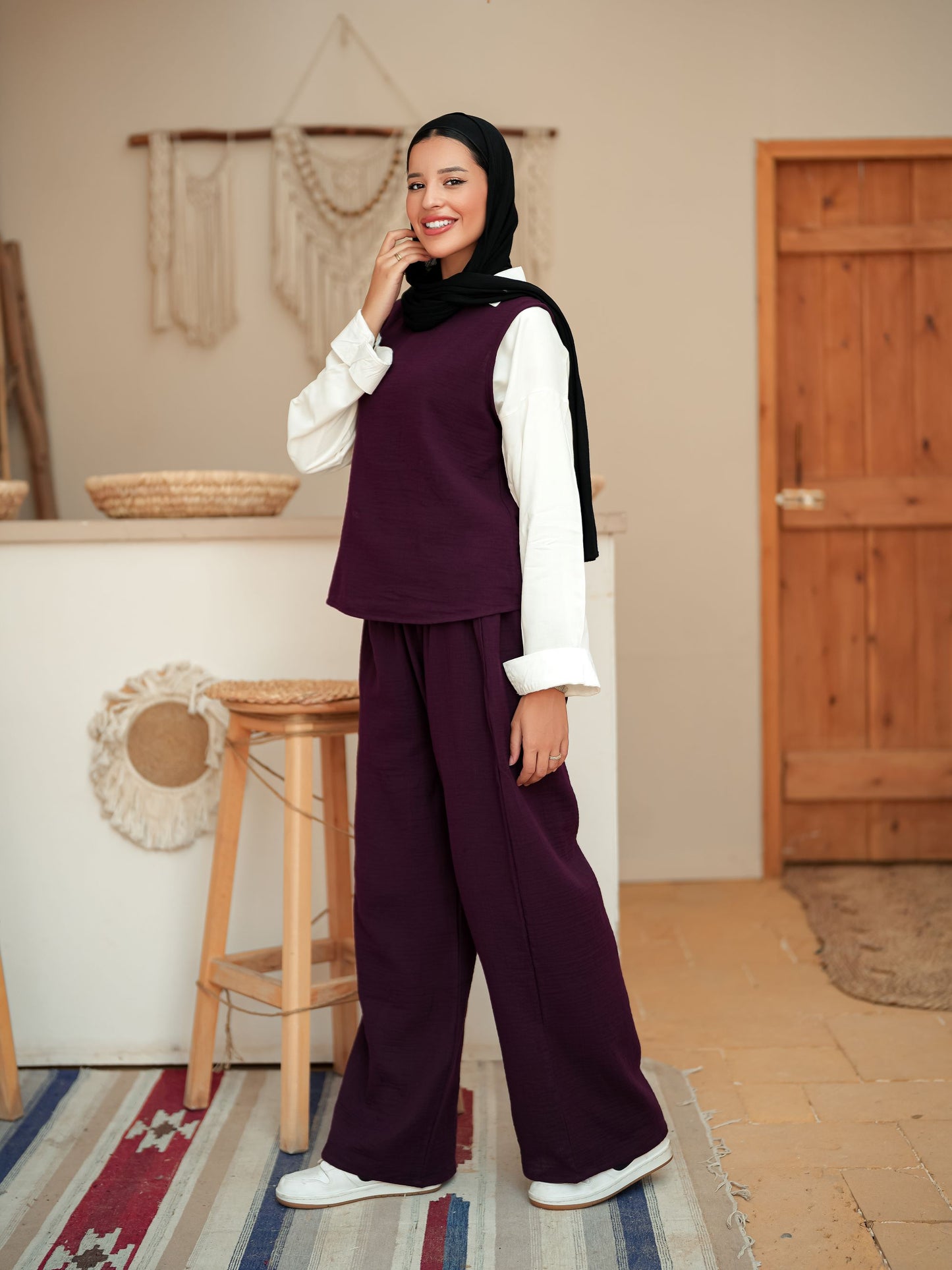 Burgundy sleeveless linen set