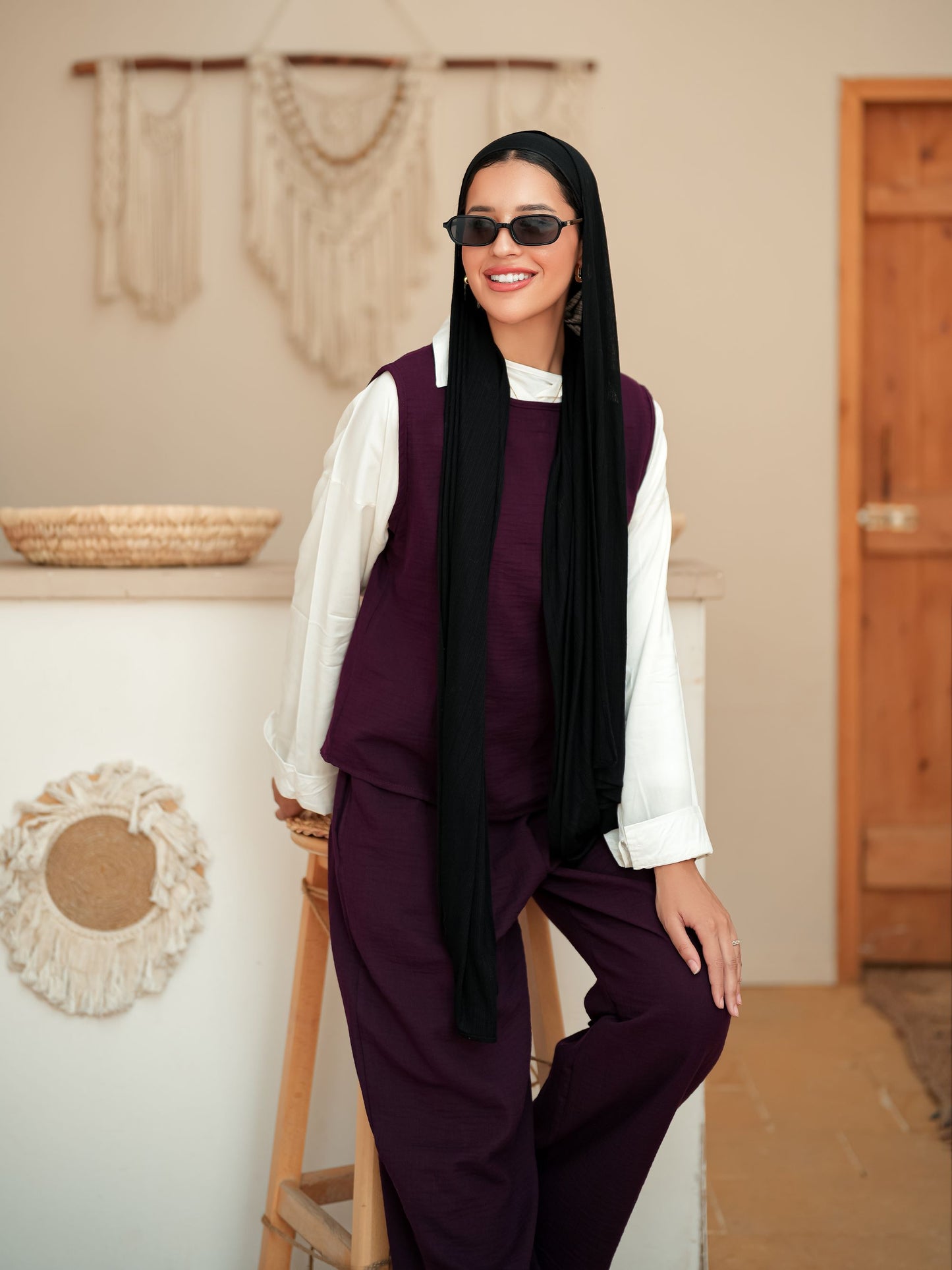 Burgundy sleeveless linen set