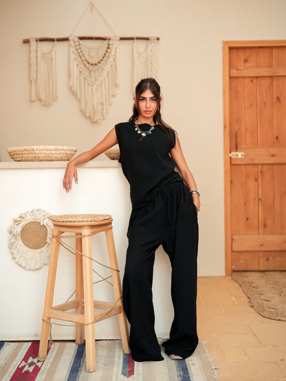Black sleeveless linen set
