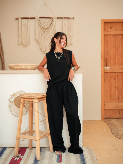 Black sleeveless linen set