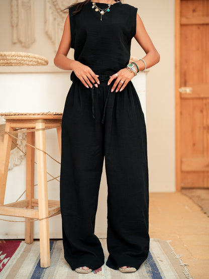 Black sleeveless linen set