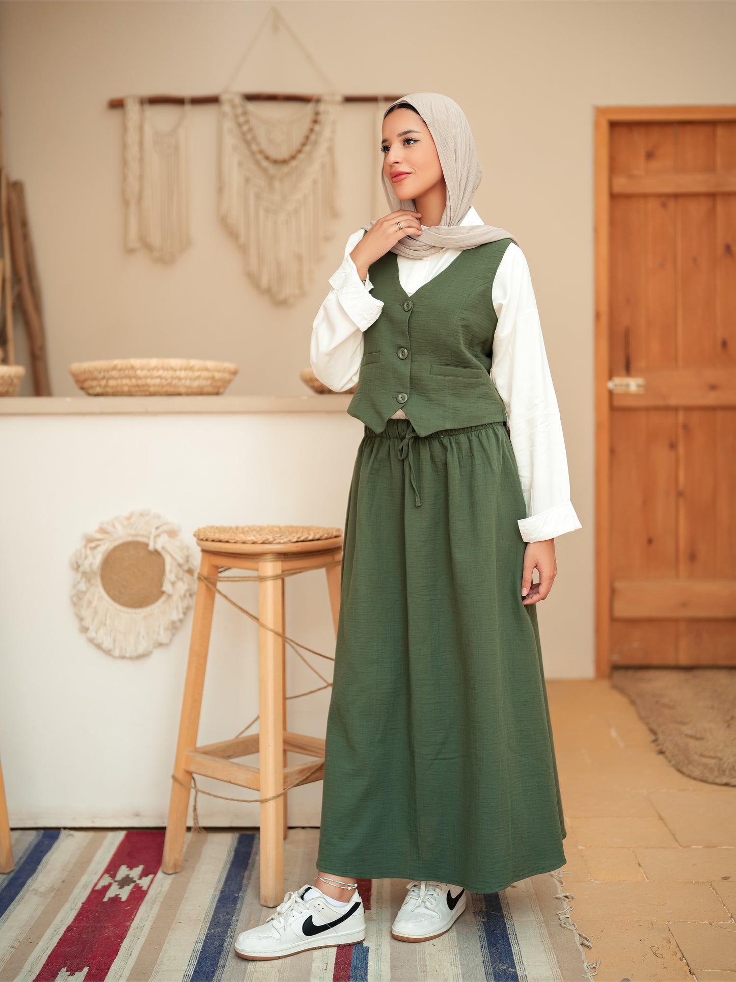Dark olive sleeveless suit skirt set