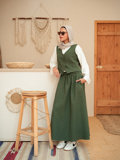 Dark olive sleeveless suit skirt set