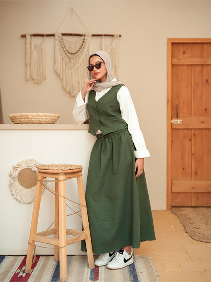 Dark olive sleeveless suit skirt set