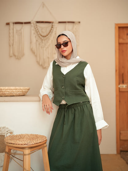 Dark olive sleeveless suit skirt set