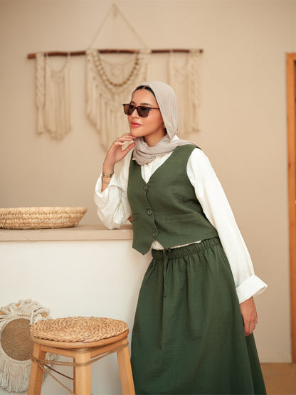 Dark olive sleeveless suit skirt set