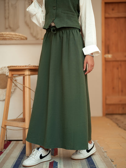 Dark olive sleeveless suit skirt set