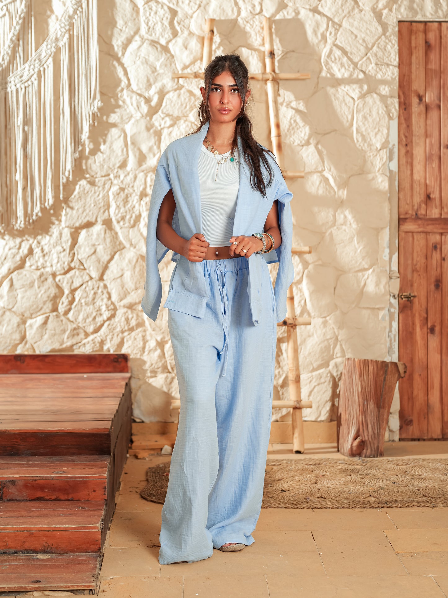 Baby blue long sleeve linen set