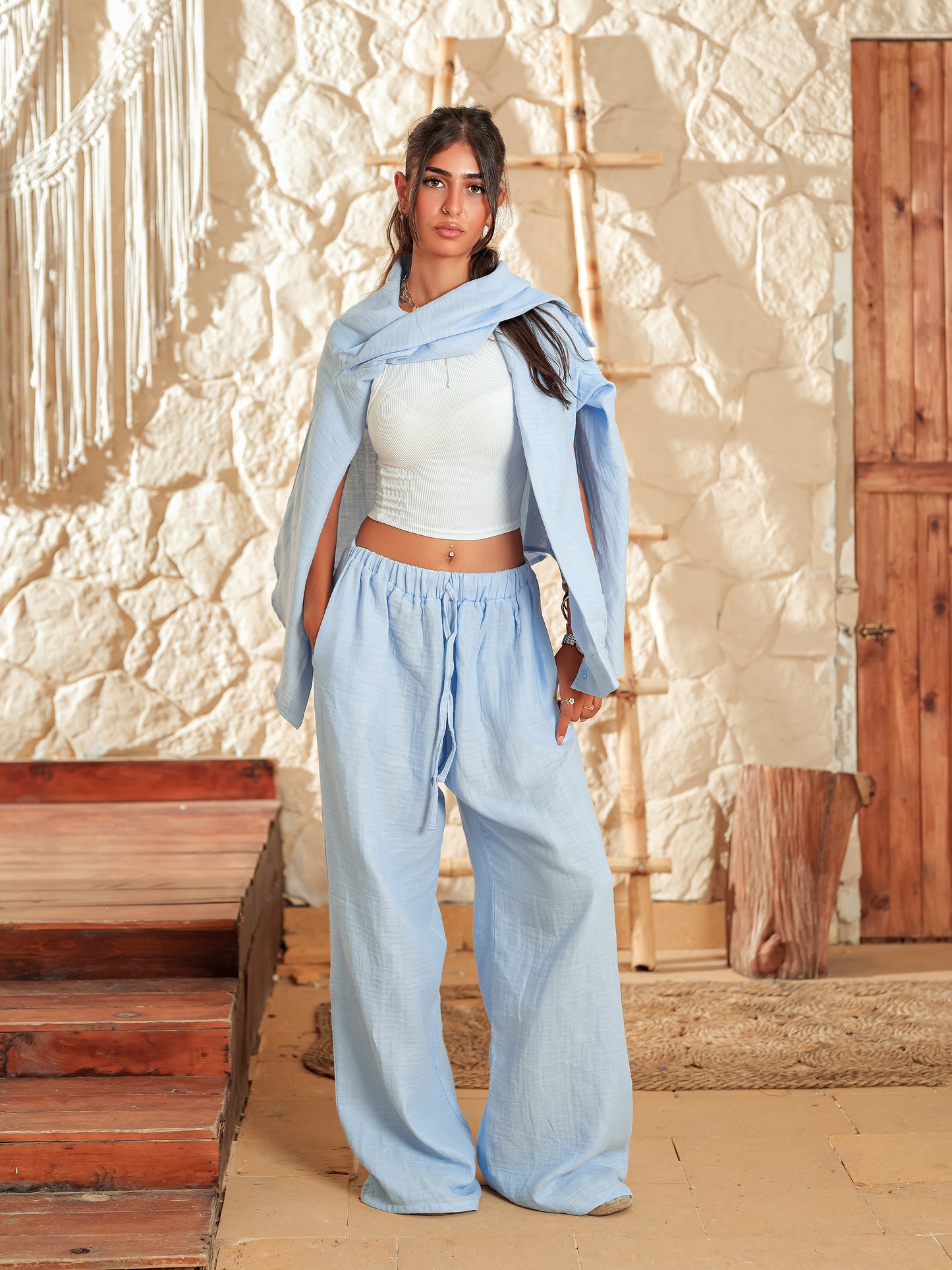 Baby blue long sleeve linen set