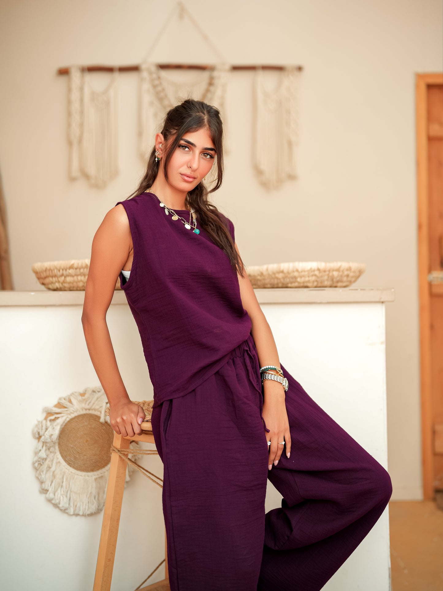 Burgundy sleeveless linen set