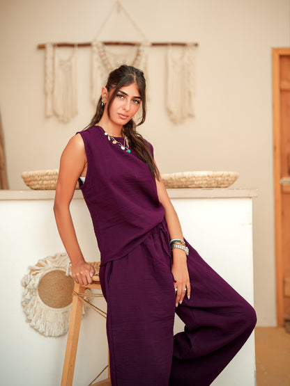 Burgundy sleeveless linen set