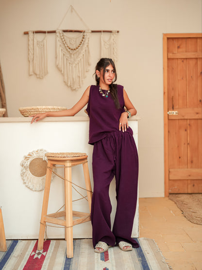 Burgundy sleeveless linen set