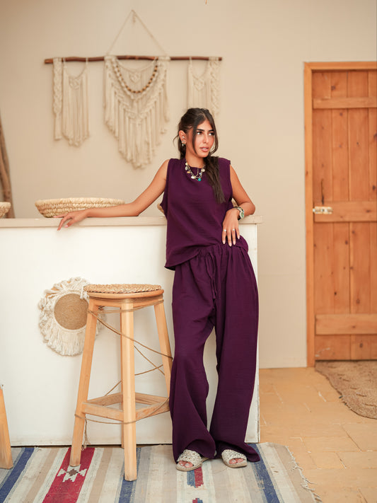 Burgundy sleeveless linen set