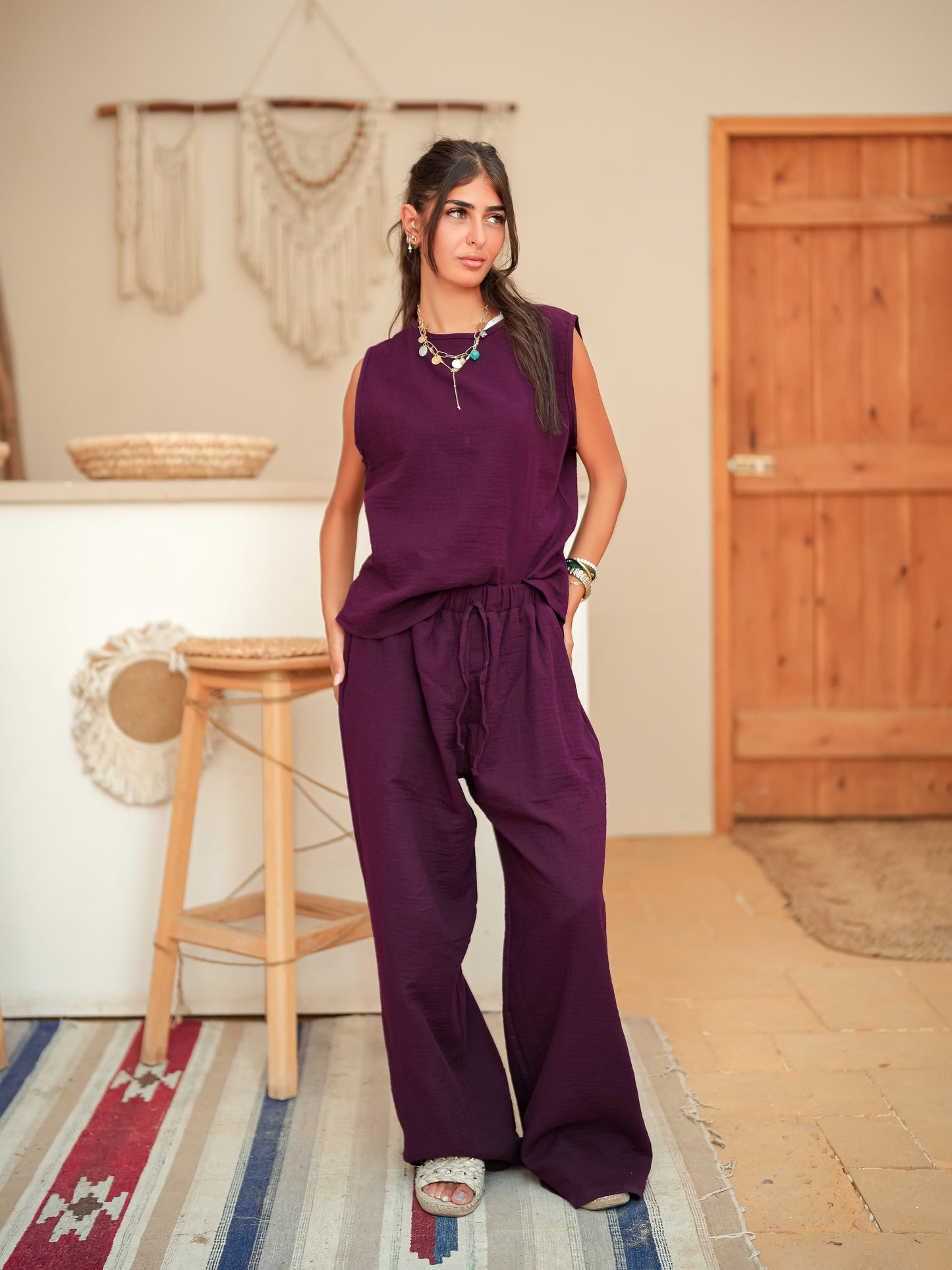 Burgundy sleeveless linen set