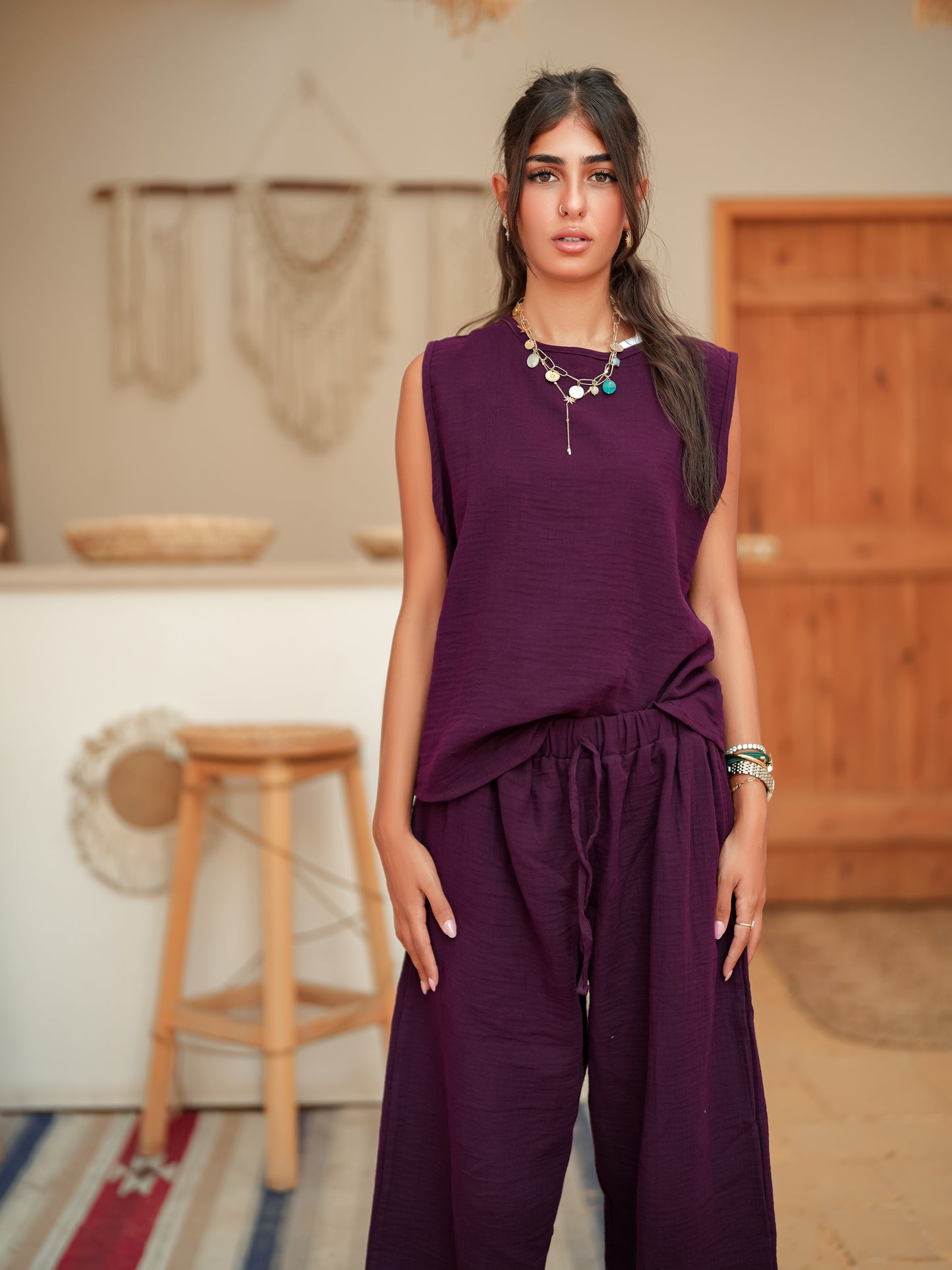Burgundy sleeveless linen set
