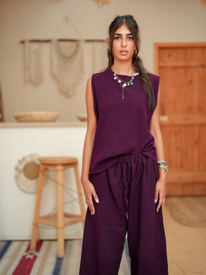 Burgundy sleeveless linen set