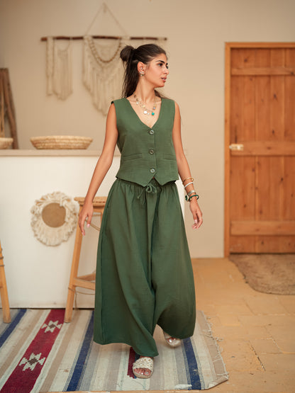 Dark olive sleeveless suit skirt set