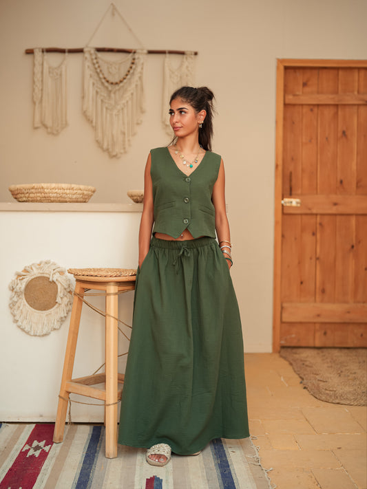 Dark olive sleeveless suit skirt set