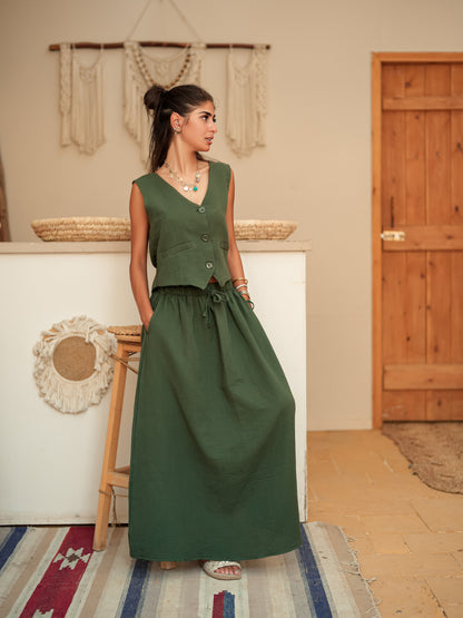 Dark olive sleeveless suit skirt set