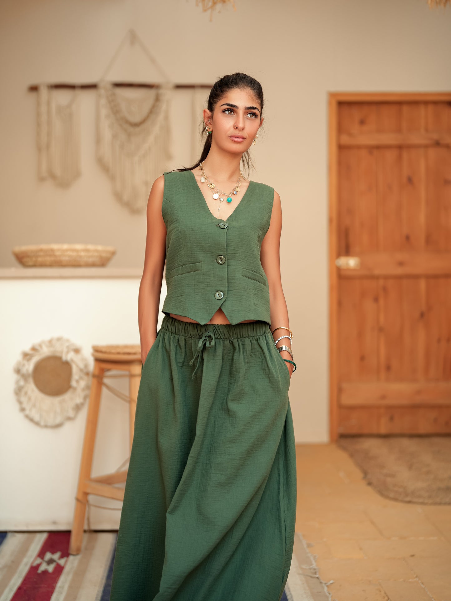 Dark olive sleeveless suit skirt set