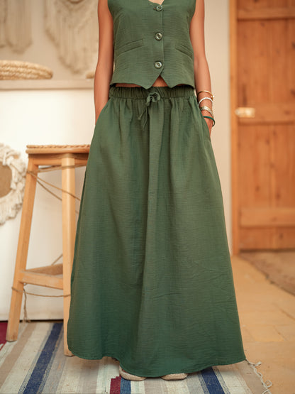 Dark olive sleeveless suit skirt set