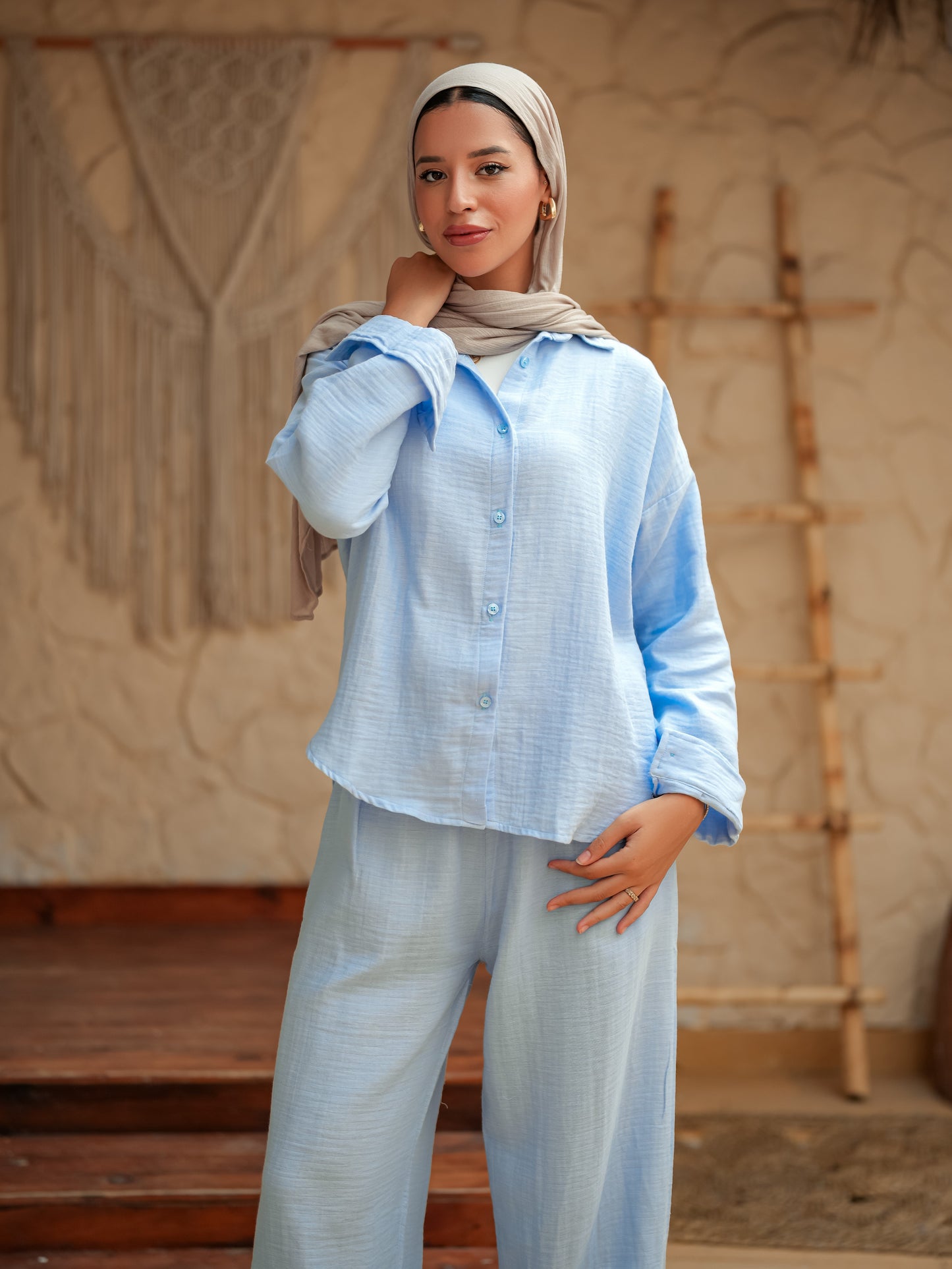Baby blue long sleeve linen set