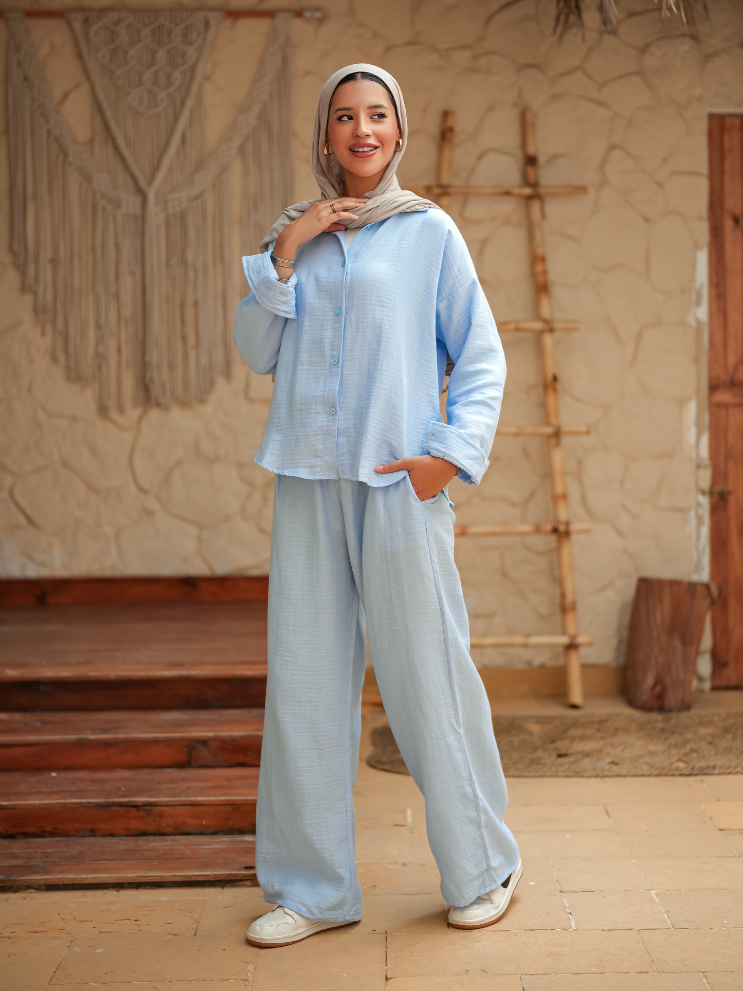 Baby blue long sleeve linen set
