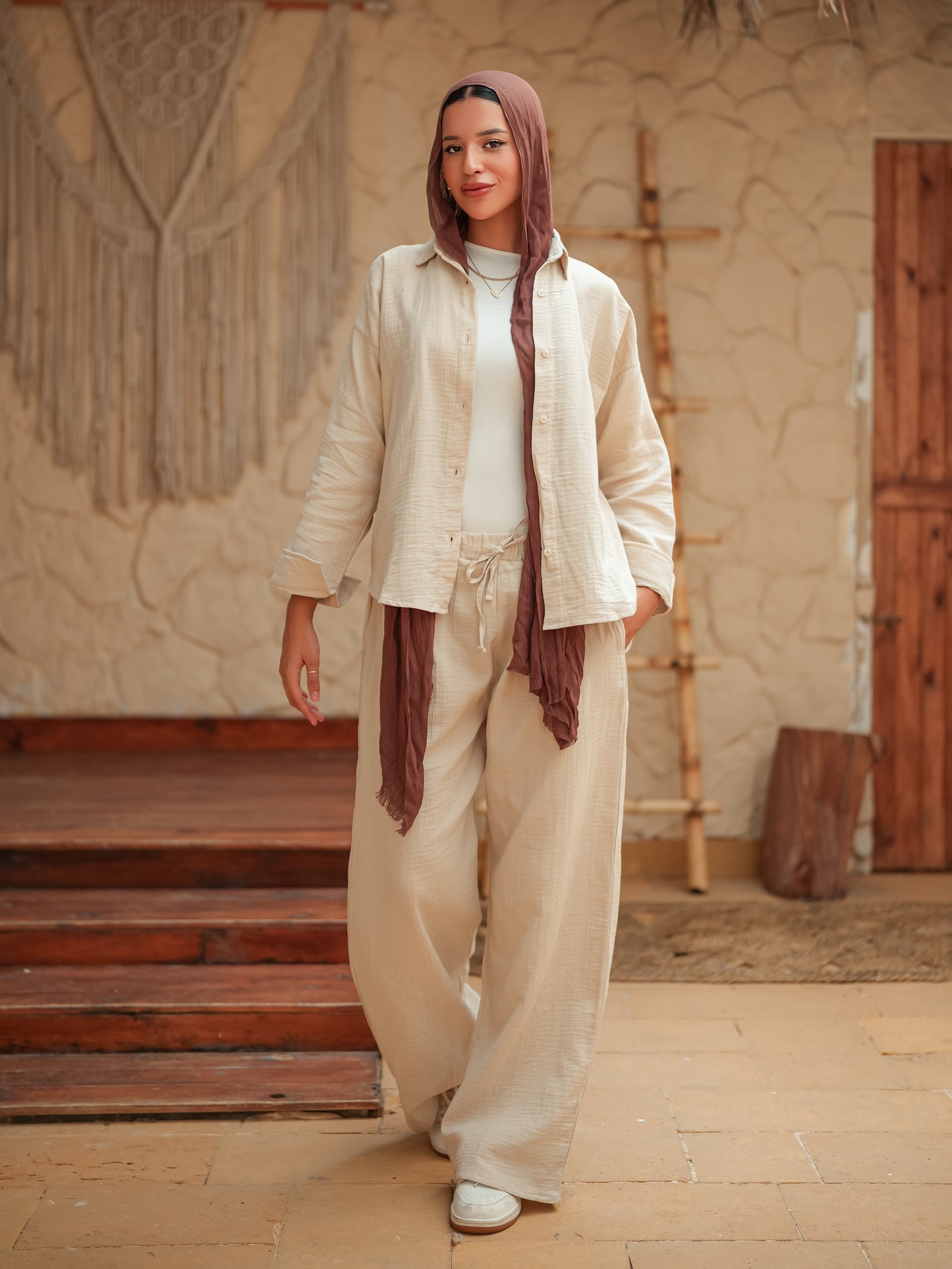 Beige long sleeve linen set
