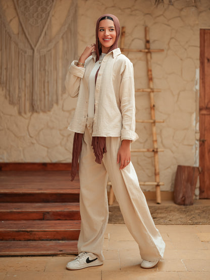 Beige long sleeve linen set