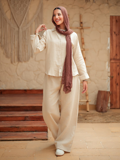 Beige long sleeve linen set