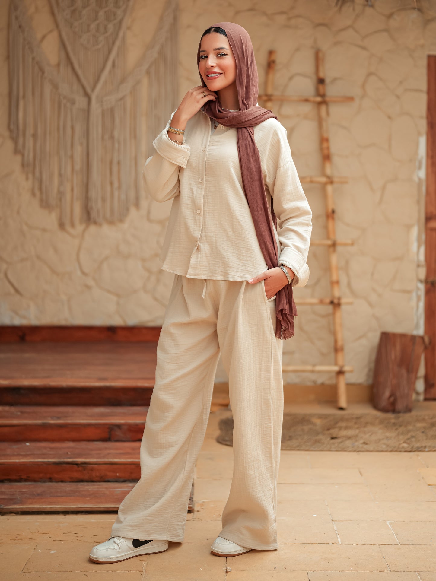 Beige long sleeve linen set