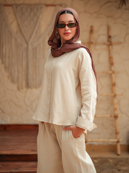 Beige long sleeve linen set