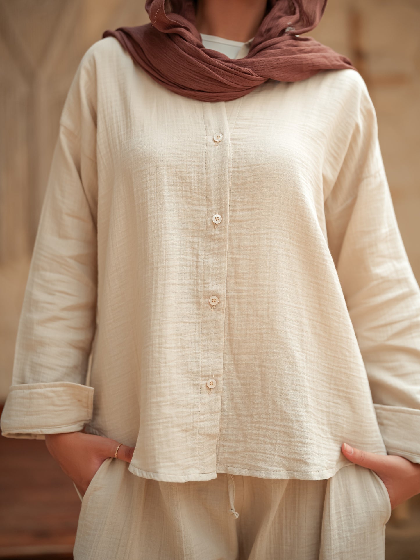 Beige long sleeve linen set