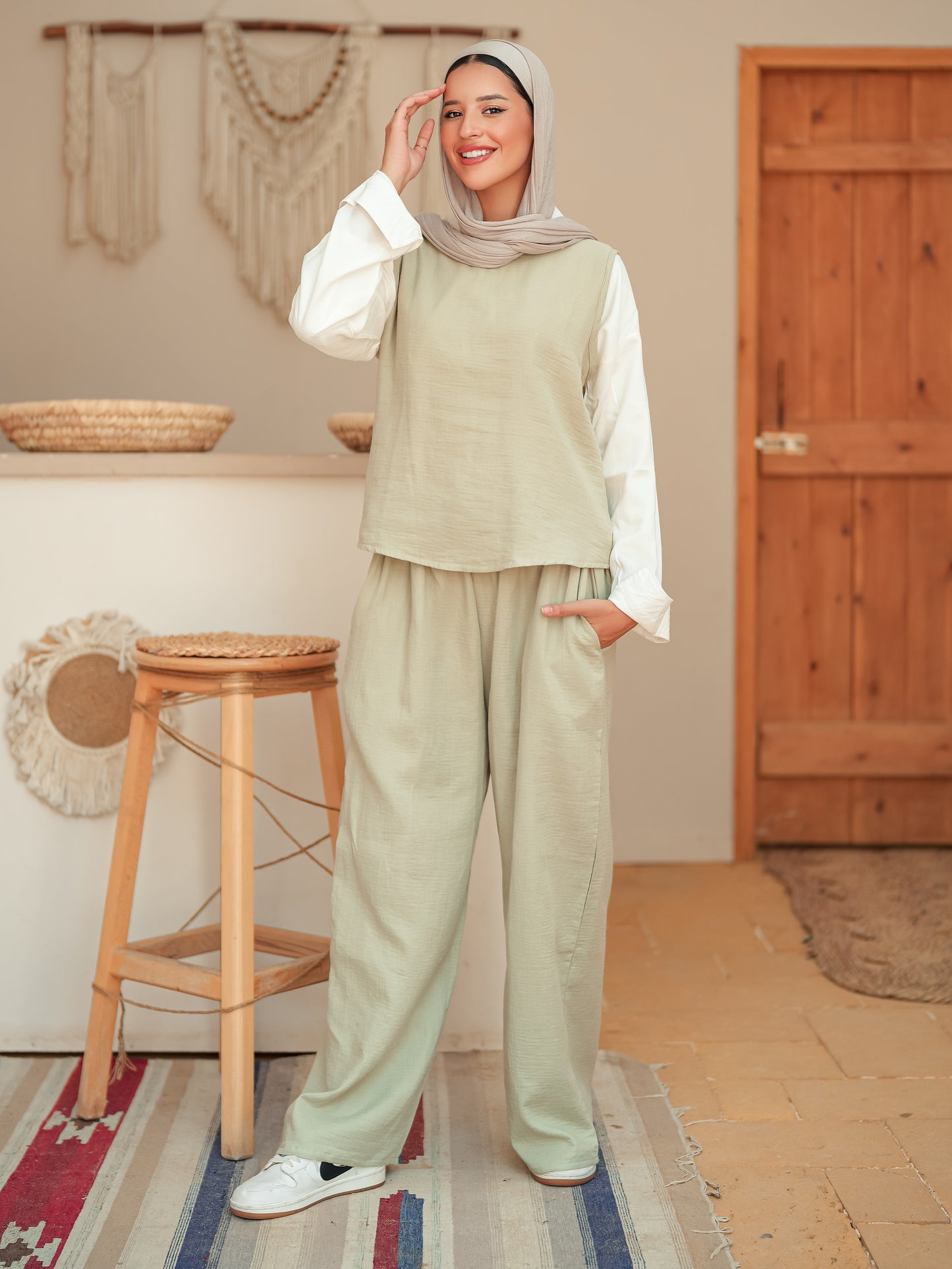 Mint green sleeveless linen set