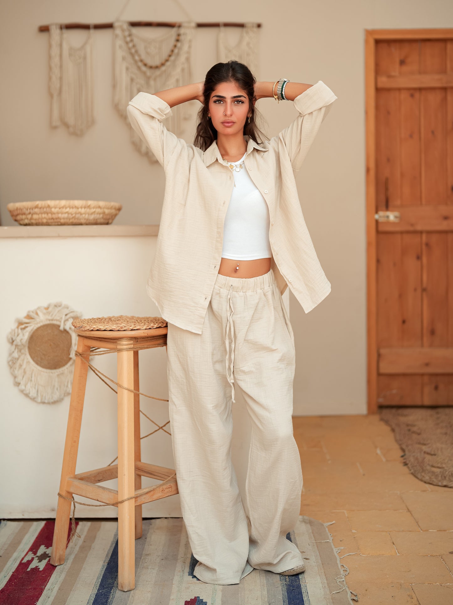 Beige long sleeve linen set