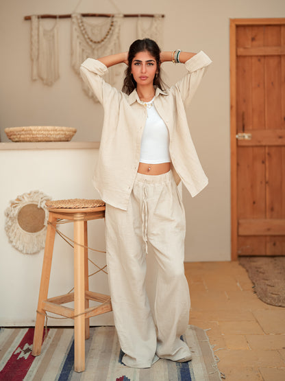 Beige long sleeve linen set