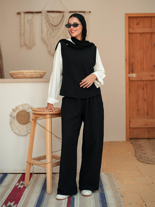 Black sleeveless linen set